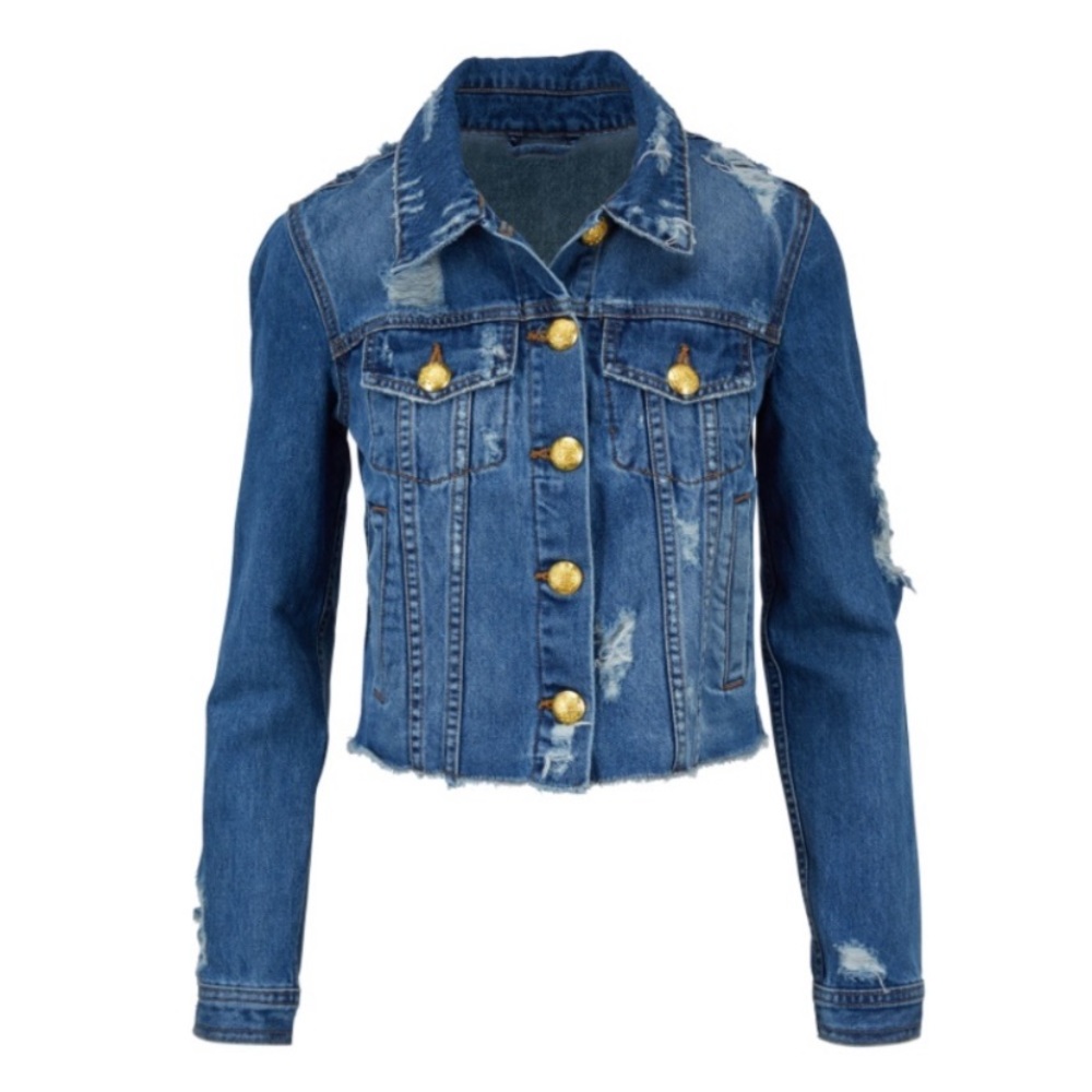 Veronica Beard Blue Distressed Cropped Denim Jacket with Gold Buttons